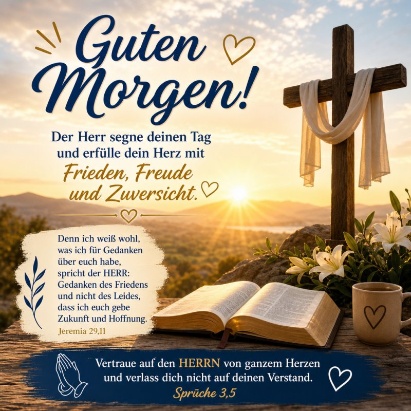 Ein religiöser Guten-Morgen-Gruß zeigt ein Kreuz, eine Bibel und Blumen in einem sonnigen Garten mit einem erhellenden Bibelzitat und Segenswünschen.