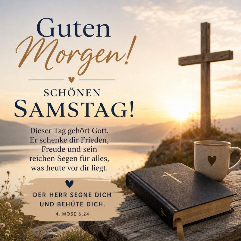 Ein hölzernes Kreuz steht auf einem Berg bei Sonnenaufgang, daneben eine Bibel und ein Herzbecher mit einem Guten-Morgen-Gruß für den Samstag.