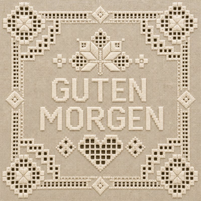 Ein Kreuzstich-Guten-Morgen-Gruß auf beigem Stoff zeigt florale Muster und ein Herz in der Mitte, umgeben von geometrischen Ornamenten.