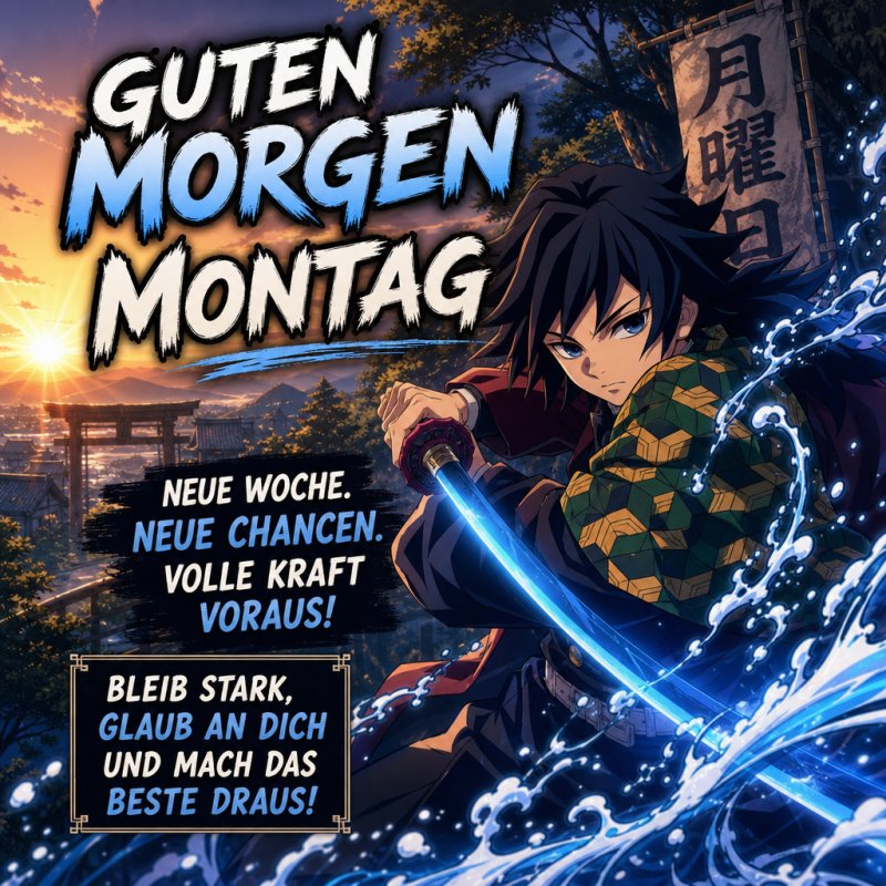 Ein entschlossener Krieger hält ein Schwert vor einer Stadtlandschaft bei Sonnenaufgang; ein dynamischer Guten-Morgen-Gruß für Montag mit motivierenden Worten.