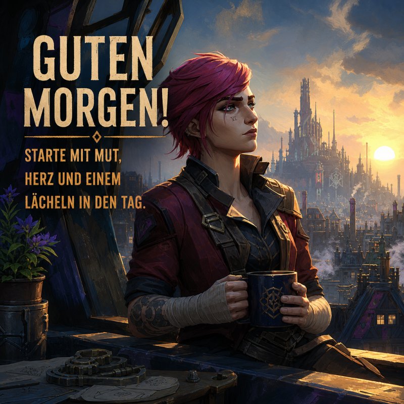Eine Kriegerin mit roten Haaren sitzt mit einer Tasse auf einem Dach, während hinter ihr eine Stadt im Sonnenaufgang erstrahlt, als Guten-Morgen-Gruß.