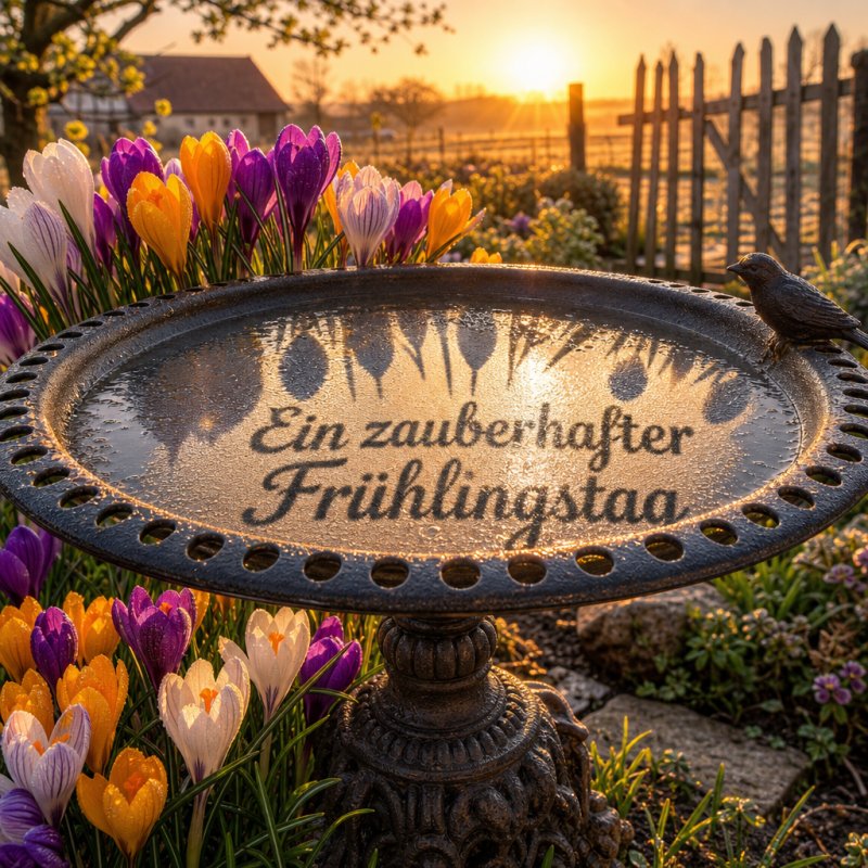 Guten-Morgen-Gruß im fotorealistischen 3D-Render: Blühende Krokusse bei Sonnenaufgang in einem Bauerngarten, deren Schatten Worte in ein Vogelbad projizieren.
