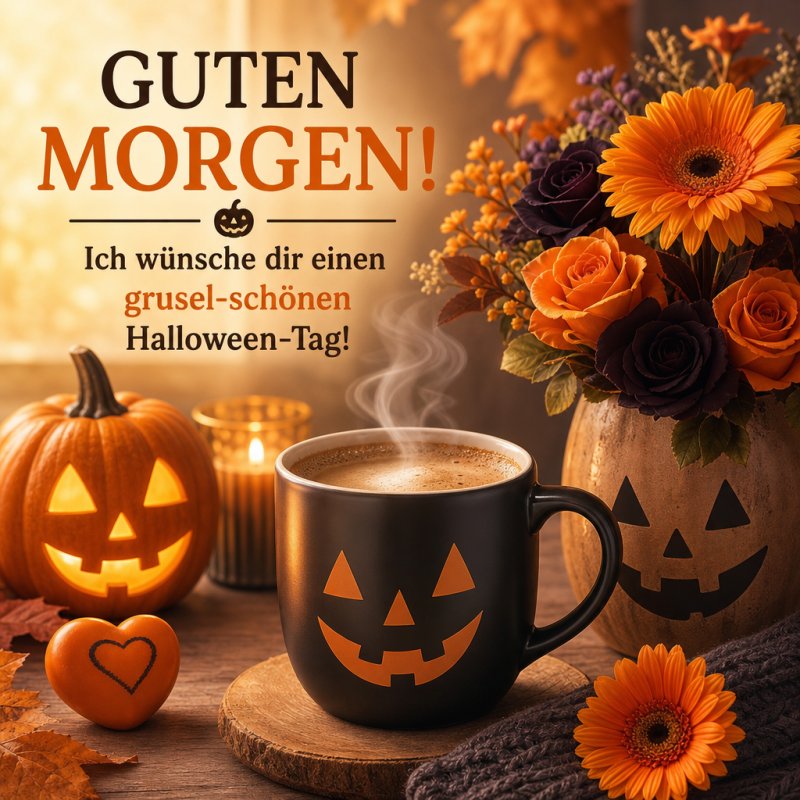Ein stimmungsvoller Guten-Morgen-Gruß mit leuchtenden Kürbissen, dampfender Kaffeetasse und herbstlichen Blüten in Orange und Lila.