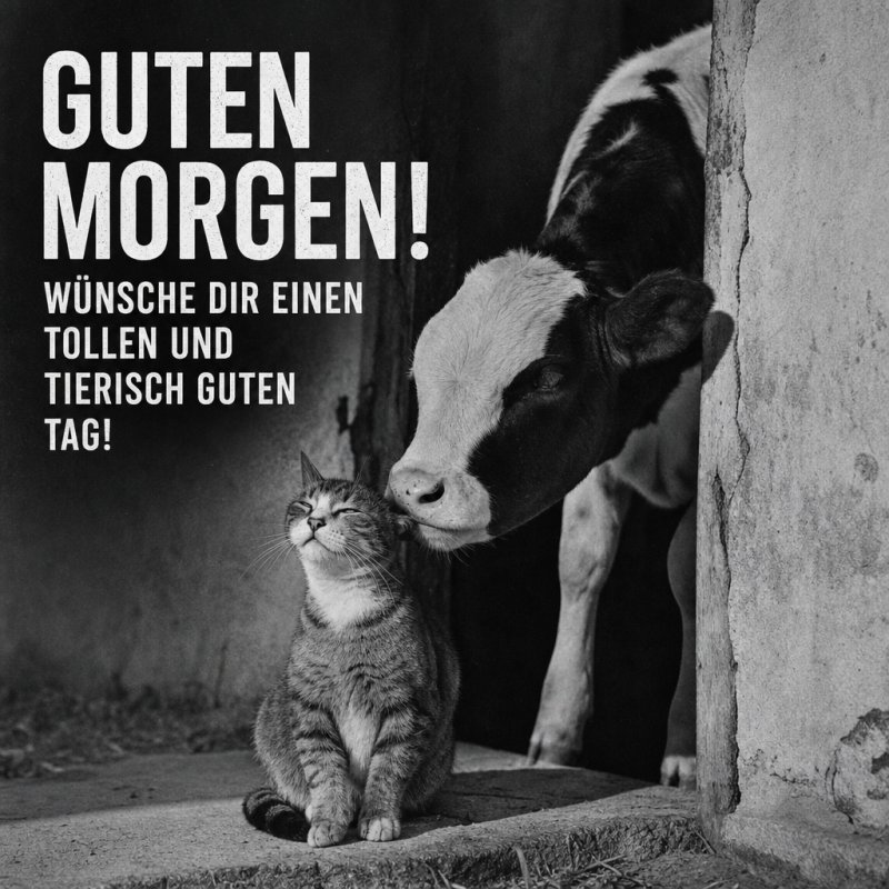 Ein s/w Foto zeigt eine Kuh, die zärtlich eine Katze beschnuppert, vor einem Scheunentor, begleitet von einem 'Guten Morgen'-Gruß für einen tierisch tollen Tag.
