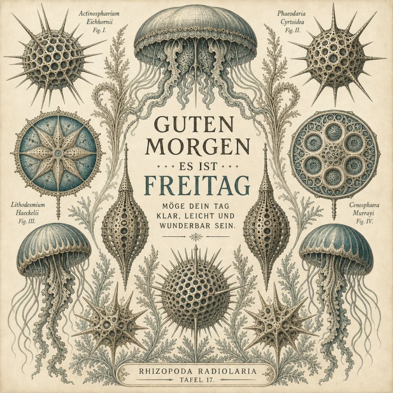 Eine kunstvolle Illustration von sechs verschiedenen Meeresmikroorganismen umrahmt von verzweigten Pflanzen zeigt einen eleganten Guten-Morgen-Gruß für Freitag.