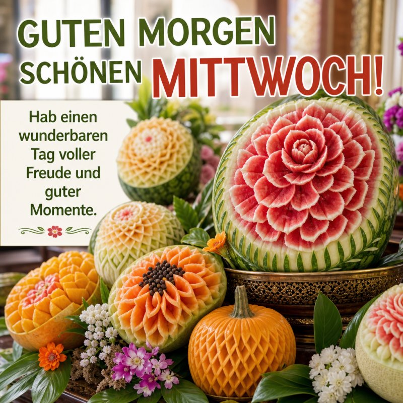 Ein Guten-Morgen-Gruß mit kunstvoll geschnitzten Melonen und Kürbissen vor orientalischem Hintergrund verleiht dem Mittwoch Freude und Farbe.