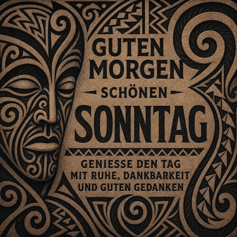 Ein kunstvoller Guten-Morgen-Gruß mit einem Tribal-Muster und der Aufschrift 'Schönen Sonntag', das Ruhe und Dankbarkeit für den Tag vermittelt.