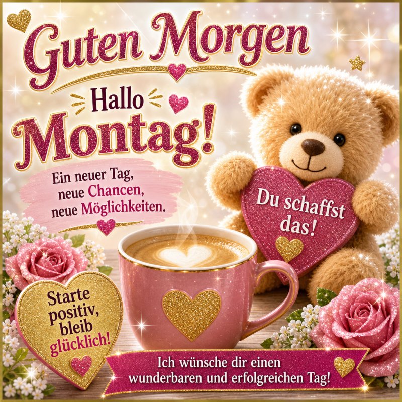 Ein niedlicher Teddybär hält ein Herz in einem Guten-Morgen-Gruß, umgeben von Rosen und einer Tasse Kaffee in einem gold-pinken, funkelnden Design.