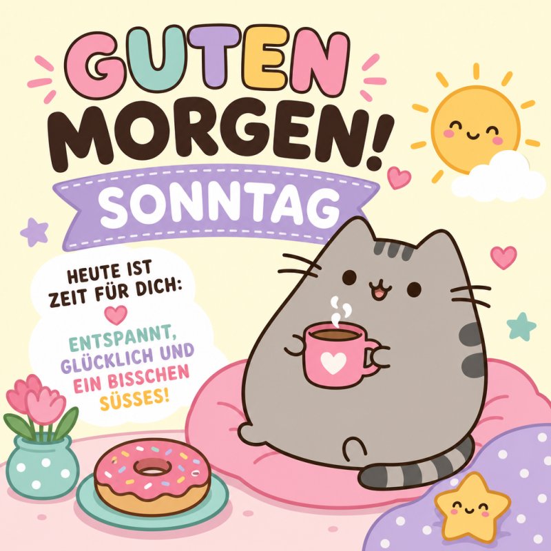 Ein niedlicher Guten-Morgen-Gruß zeigt eine lächelnde Katze mit Kaffeetasse auf einem Kissen, umgeben von Blume, Donut und fröhlicher Sonne.
