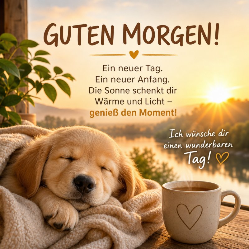 Ein schlafender Labrador-Welpe neben einer Tasse, eingehüllt in eine Decke, vor einem See im Sonnenaufgang, vermittelt einen Guten-Morgen-Gruß.