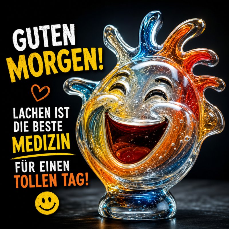 Ein bunter, lachender Glas-Sonnenkopf strahlt als lustiger Guten-Morgen-Gruß, begleitet von ermutigenden Worten und einem fröhlichen Smiley.