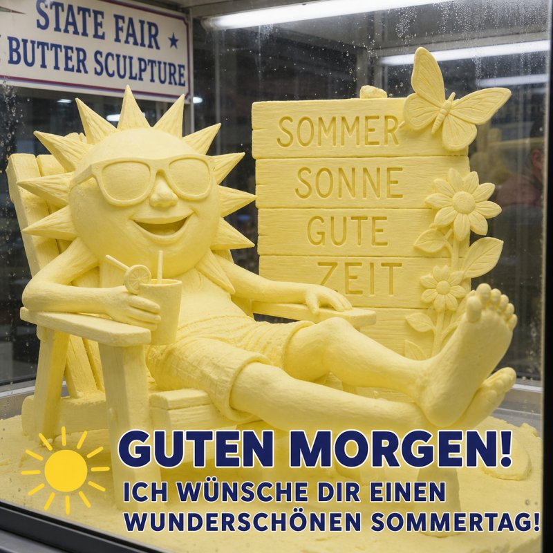 Ein lächelnder Sonnenskulptur aus Butter sitzt mit Sonnenbrille und Getränk neben einem Schild mit sommerlichem Gruß für einen fröhlichen Guten Morgen.