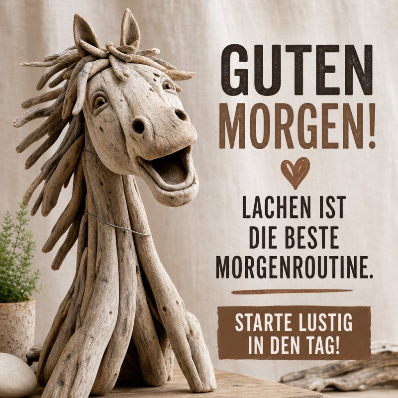 Ein lächelndes Holzpferd steht neben einem Blumentopf und vermittelt in einem humorvollen Stil einen „Guten Morgen“-Gruß auf der Karte.