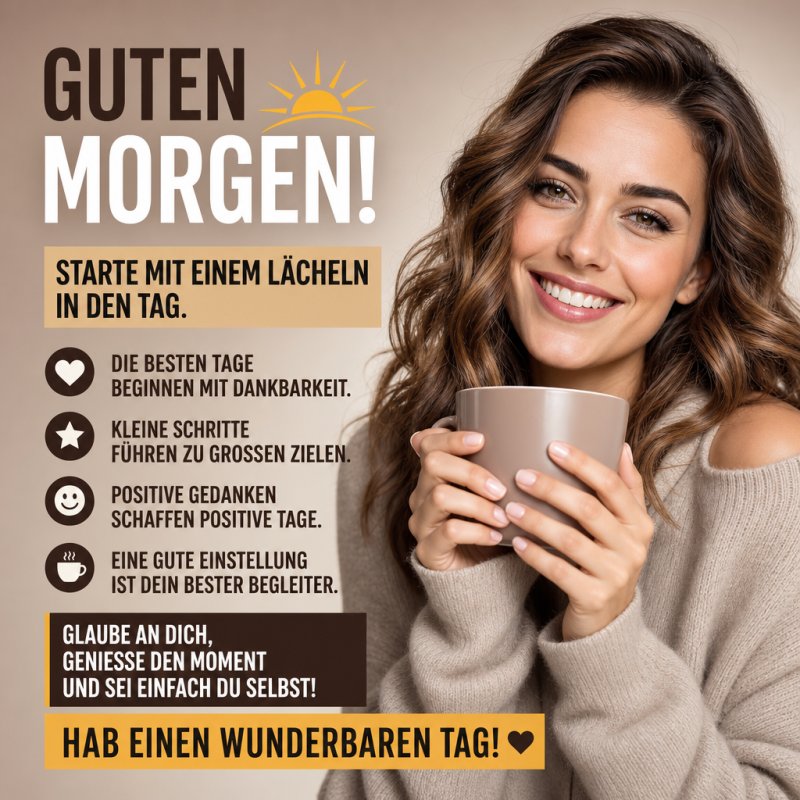 Eine lächelnde Frau in einem beigen Pullover hält eine Tasse Kaffee und vermittelt positive Vibes als Teil eines Guten-Morgen-Grußes.
