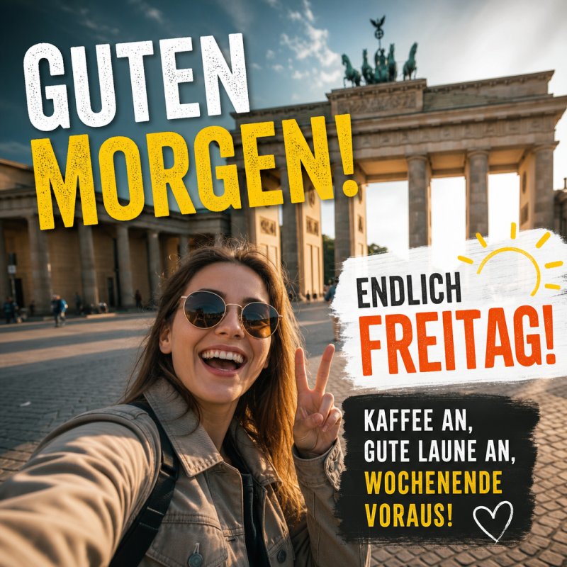 Eine junge Frau posiert lächelnd vor dem Brandenburger Tor, während die Sonne scheint, mit der Aufschrift 'Guten Morgen' als fröhlicher Gruß für Freitag.