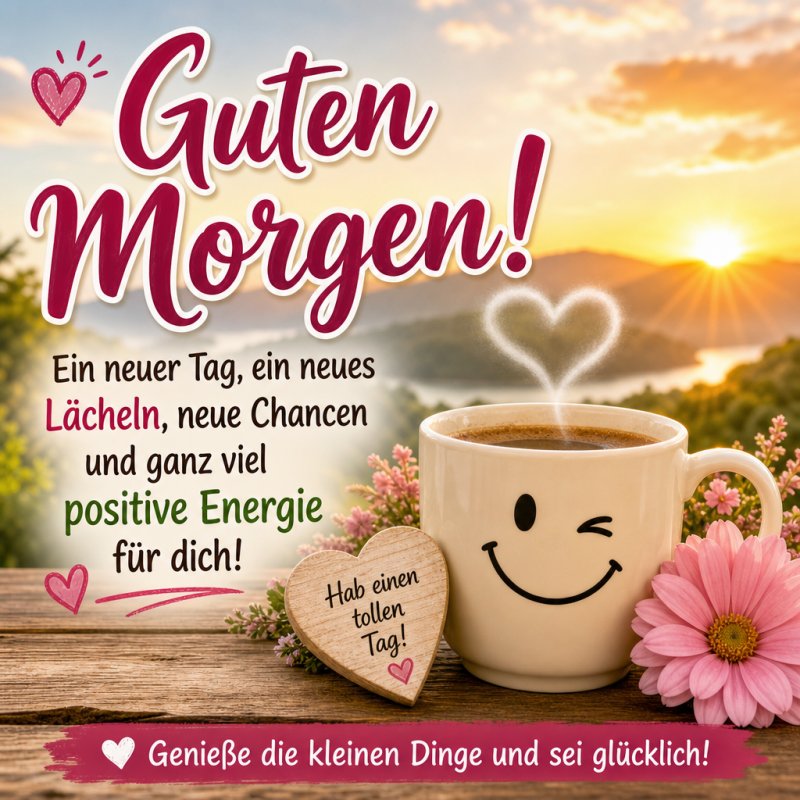 Ein Guten-Morgen-Gruß mit Sonnenaufgang, lächelnder Kaffeetasse, rosa Blume und Bergen vermittelt positive Energie und Lebensfreude.