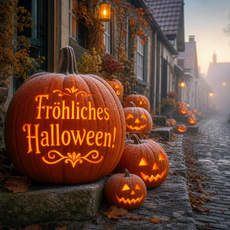 Guten-Morgen-Gruß: Ein Straßenblick mit fröhlichen Kürbissen auf den Stufen, sanft beleuchtet und von Morgennebel umgeben, sorgt für eine gemütliche Halloween-Atmosphäre.