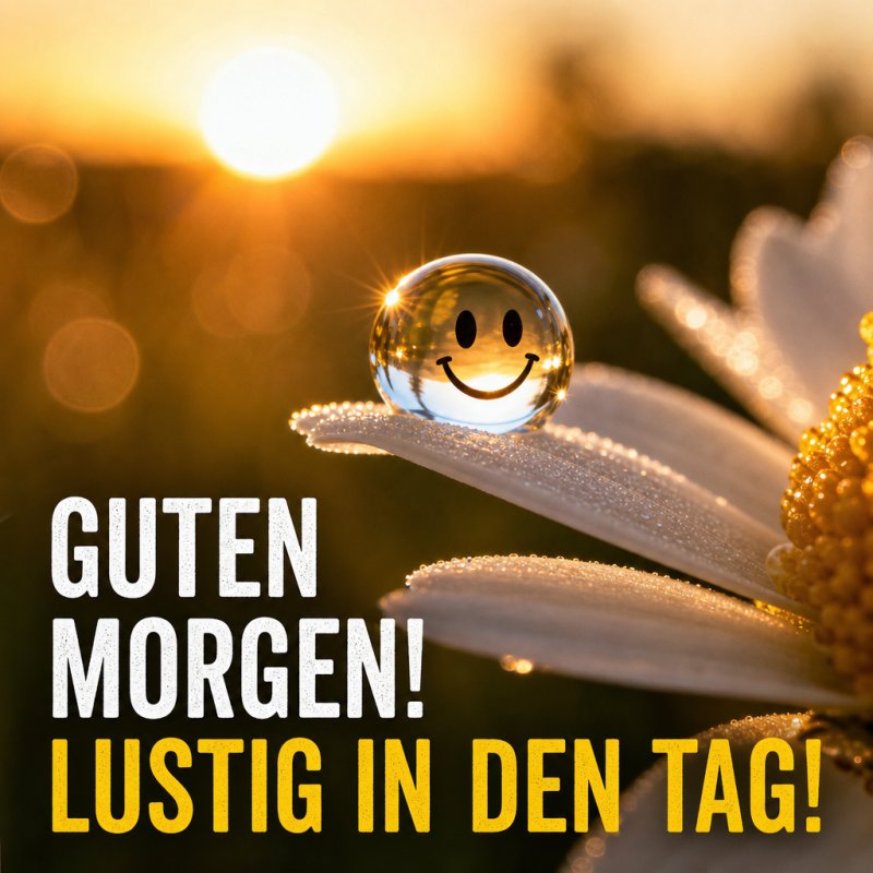 Eine fröhliche Guten-Morgen-Grußkarte zeigt eine lächelnde Glaskugel auf einer mit Tau bedeckten Blüte im warmen Licht der Morgensonne.