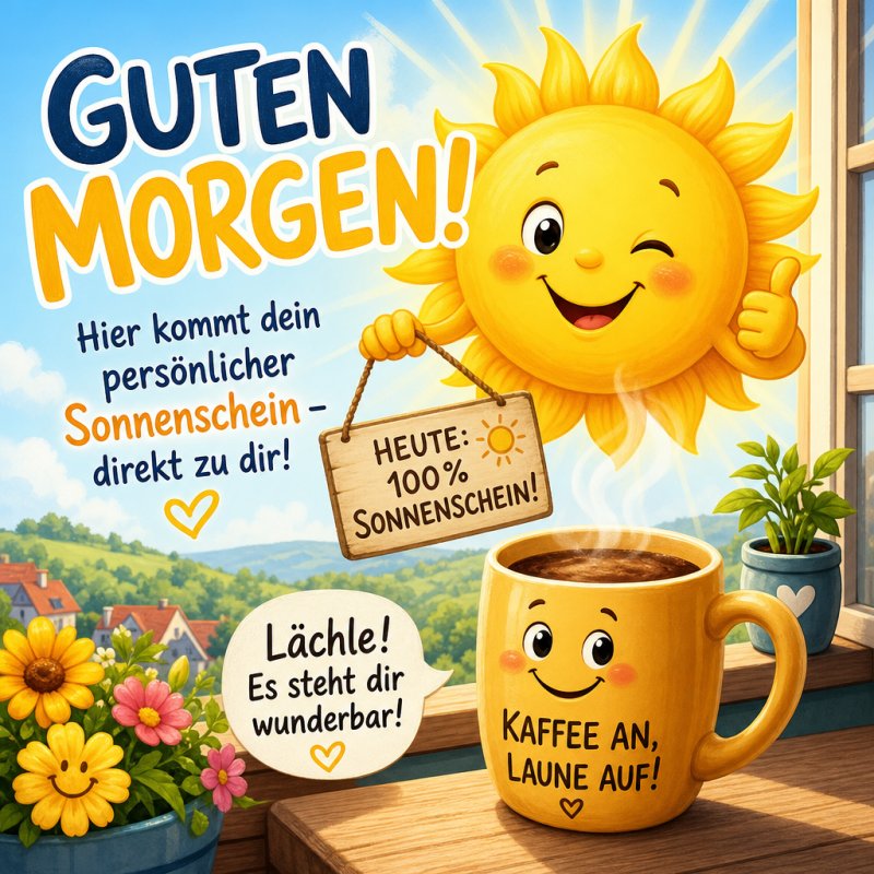 Eine fröhliche Sonne und eine lächelnde Kaffeetasse präsentieren einen Guten-Morgen-Gruß mit sonnigem Ausblick und freundlicher Stimmung.