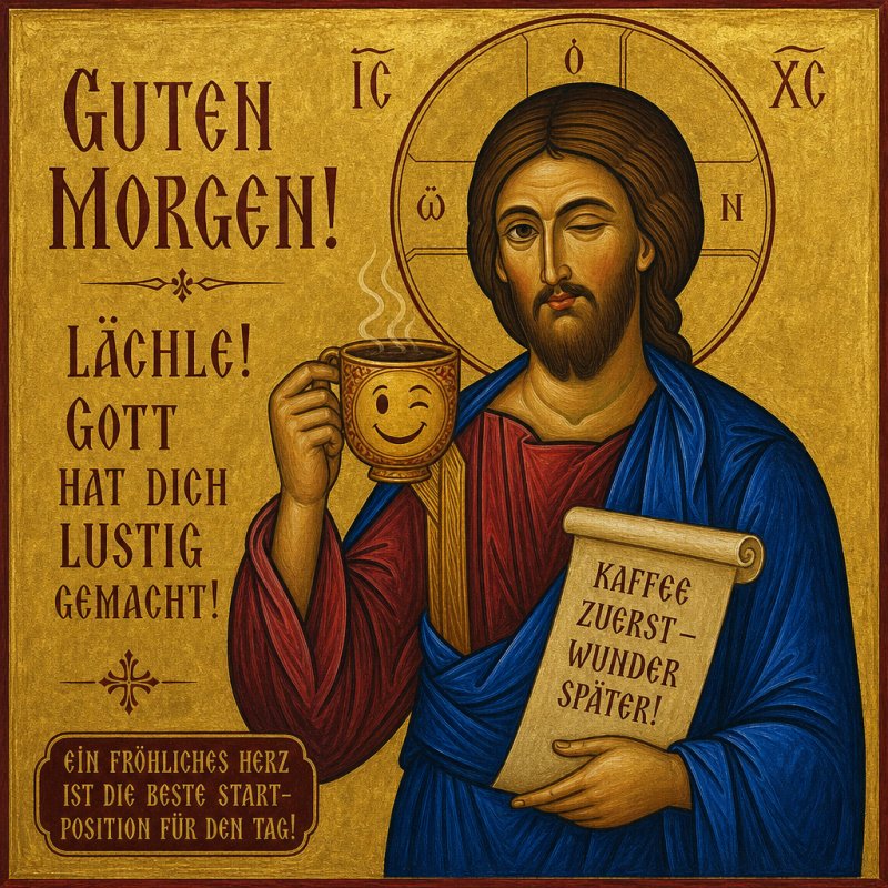 Ein ikonographischer Jesus hält eine Tasse mit lachendem Gesicht und eine Schriftrolle, die humorvoll einen Guten-Morgen-Gruß überbringt.