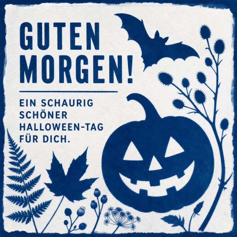 Ein blauer Halloween-Gruß zeigt einen lächelnden Kürbis, umgeben von Fledermaus und Pflanzen, mit dem Text 'Guten Morgen' in kraftvollen Buchstaben.