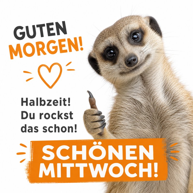 Ein Erdmännchen zeigt Daumen hoch mit einem freundlichen Gesichtsausdruck neben einem niedlichen Herz und dem Text 'Guten Morgen' für einen fröhlichen Start in den Mittwoch.