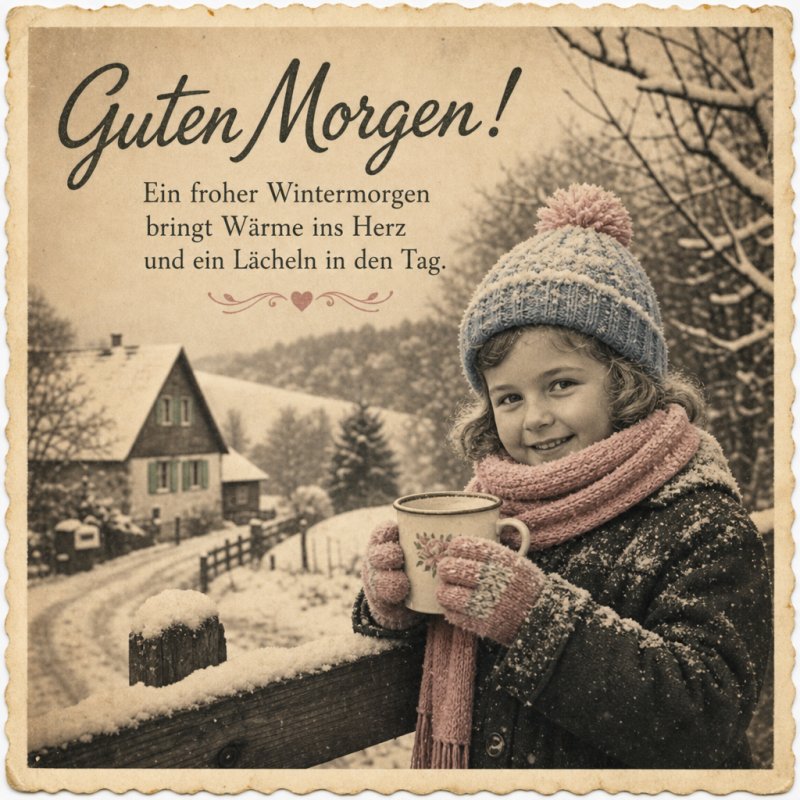 Ein Mädchen mit Winterkleidung hält eine Tasse in der Hand und lächelt vor einer verschneiten Landschaft mit einem Haus als Guten-Morgen-Gruß.