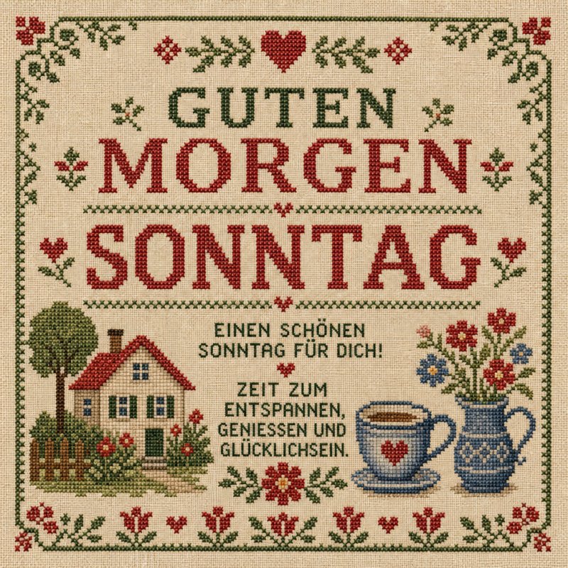 Ein idyllischer Guten-Morgen-Gruß mit Haus, Blumen und Tassen im Stickerei-Stil, perfekt für einen entspannten Sonntag.