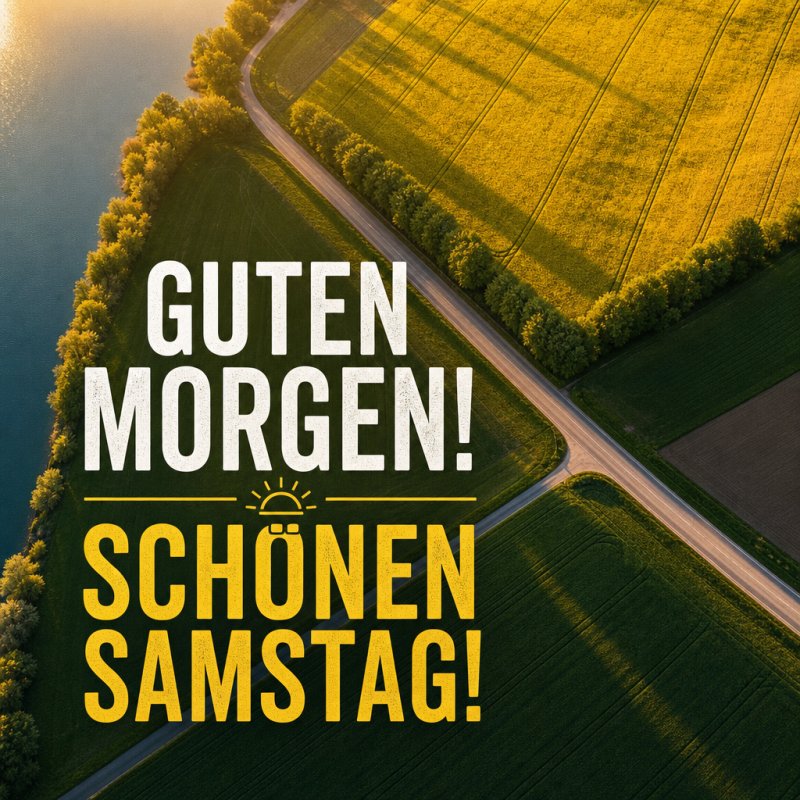 Ein malerischer Guten-Morgen-Gruß zeigt eine beeindruckende Luftaufnahme von Feldern und einem Fluss bei Sonnenaufgang in warmen Gelbtönen.