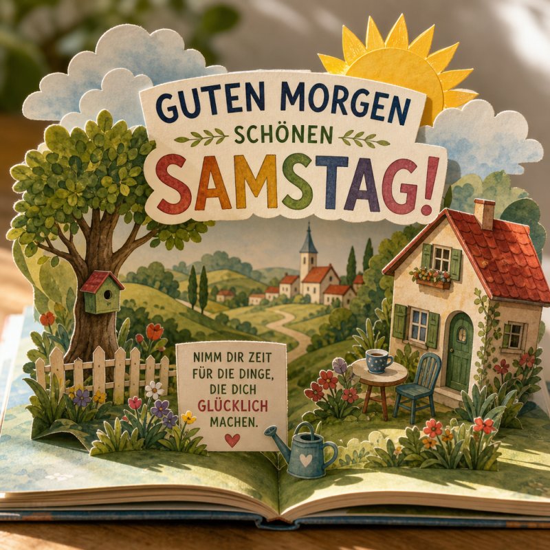 Ein farbenfroher Guten-Morgen-Gruß zeigt eine idyllische Landschaft mit Bäumen, einem kleinen Haus, Gartenmöbeln und einer ländlichen Dorfkulisse im Hintergrund.