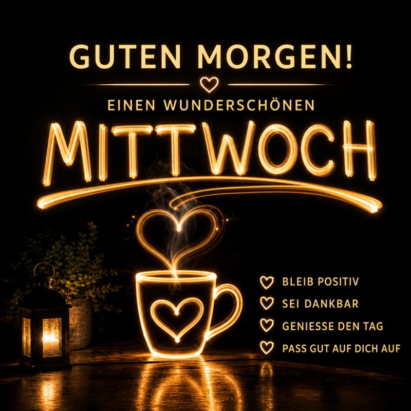 Ein leuchtender Guten-Morgen-Gruß mit herzförmigen Lichtern und einer Laterne vor einem dunklen Hintergrund betont einen schönen Mittwoch.