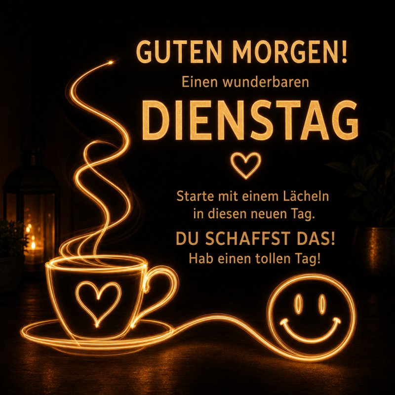 Ein strahlender Guten-Morgen-Gruß zeigt eine leuchtende Kaffeetasse mit Herzmotiv und Smiley, begleitet von motivierenden Worten für Dienstag.