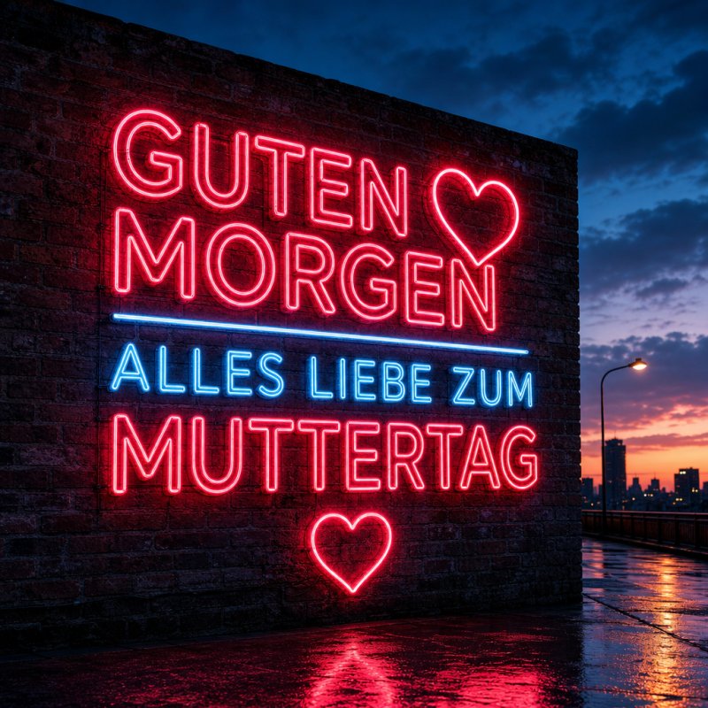 Ein leuchtendes Neonlicht mit der Aufschrift Guten Morgen und Alles Liebe zum Muttertag vor einer Abendhimmel-Silhouette als herzerwärmender Guten-Morgen-Gruß.