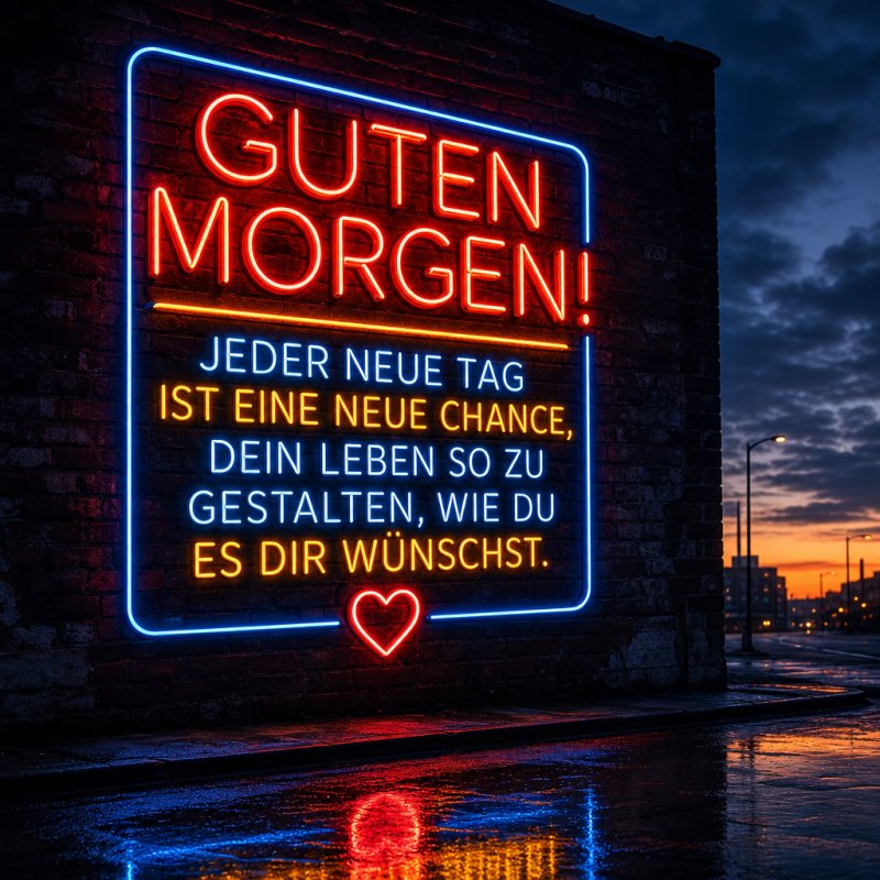 Ein leuchtender Guten-Morgen-Gruß in Neonfarben auf einer Backsteinmauer bei Sonnenaufgang, mit inspirierender Botschaft und einem Herzsymbol.