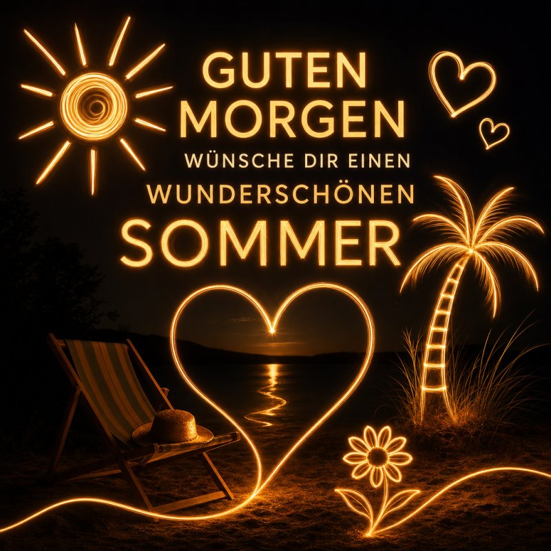 Ein leuchtender Sommer-Guten-Morgen-Gruß mit Sonnen- und Palmensymbolen in Neonoptik, einer Strandkulisse und einem Liegestuhl bei Nacht.