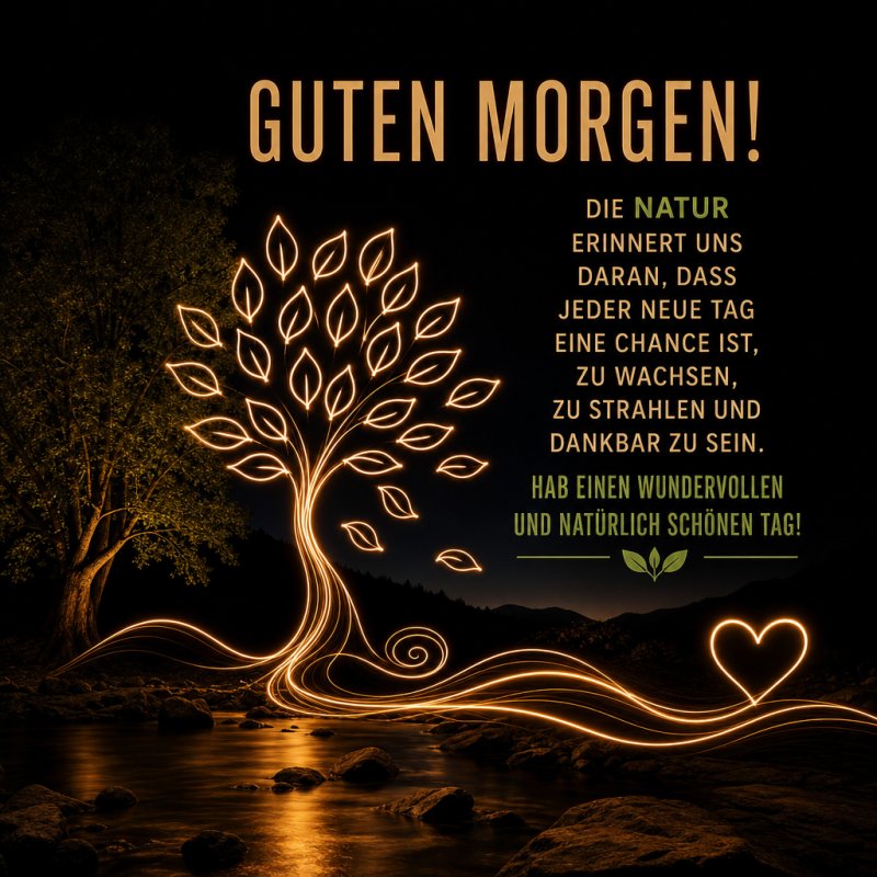 Ein leuchtender Baum aus Licht leuchtet nachts am Ufer eines ruhigen Flusses, umgeben von Natur, als Guten-Morgen-Gruß.