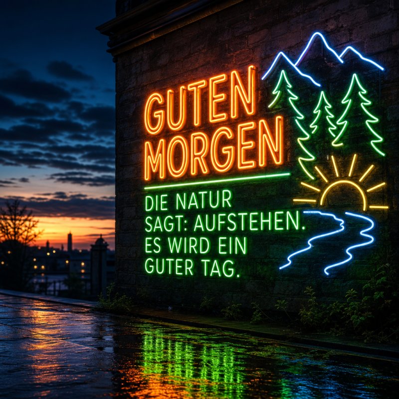 Ein leuchtender Guten-Morgen-Gruß mit Bergen, Bäumen und Fluss, vor einem wolkigen Himmel im Sonnenaufgang, strahlt an einer nassen Mauer.