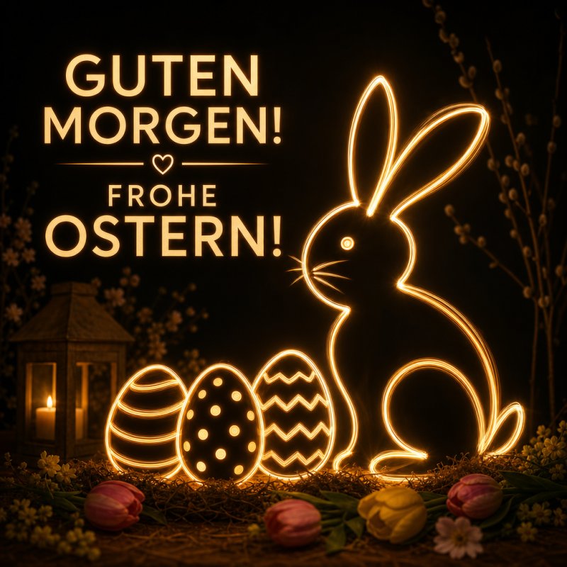 Leuchtender Umriss eines Osterhasen mit Ostereiern, umgeben von Frühlingsblumen und einer Kerze, bildet einen stimmungsvollen Guten-Morgen-Gruß zu Ostern.