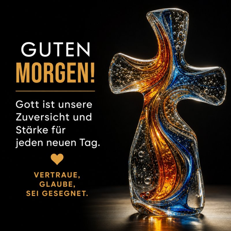 Ein kunstvolles Glas kreuz mit blauen und orangefarbenen Streifen steht im Fokus des Bildes mit dem Guten-Morgen-Gruß: Vertraue, glaube, sei gesegnet.