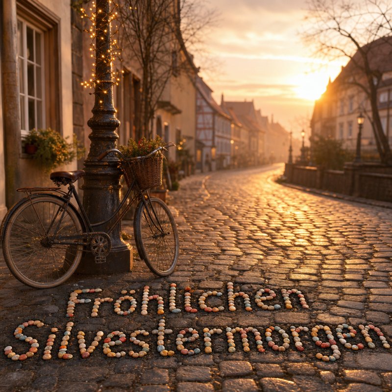Guten-Morgen-Gruß auf einer gepflasterten Straße: Ein antikes Fahrrad ruht vor einem beleuchteten Laternenpfahl unter der Morgensonne.