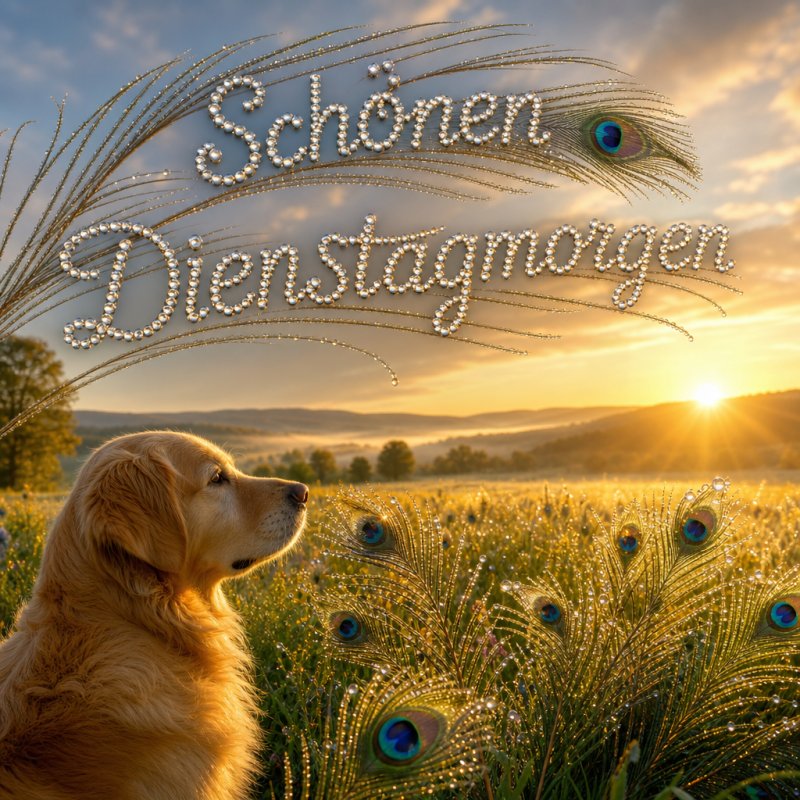 Guten Morgen: Ein fotorealistisches 3D-Render zeigt einen goldgelben Morgen in einem offenen Feld mit schillernden Pfauenfedern und einem verspielten golden Retriever.