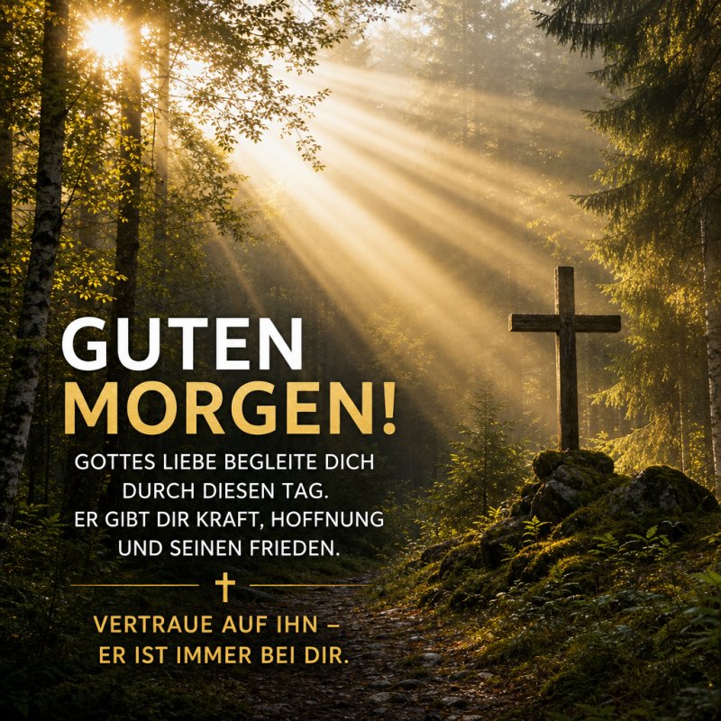 Sonnenstrahlen durchbrechen den Wald, beleuchten ein Holzkreuz und schaffen eine friedliche Morgenstimmung auf dem religiösen Guten-Morgen-Gruß.