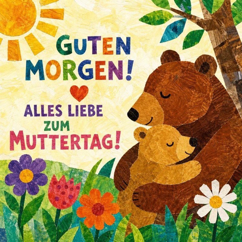 Ein herzlicher Guten-Morgen-Gruß zeigt zwei Bären in einer liebevollen Umarmung, umgeben von bunten Blumen und Sonnenschein, mit dem Text 'Alles Liebe zum Muttertag'.