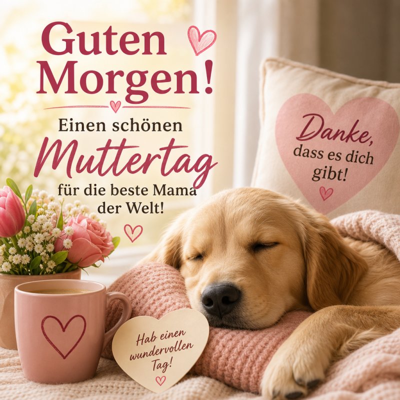 Ein schlafender Hund liegt auf Kissen neben Tulpen und einer Tasse, während ein herzlicher Guten-Morgen-Gruß den Muttertag feiert.