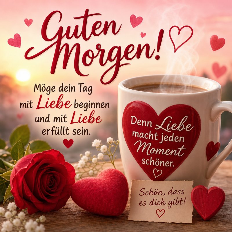 Ein romantischer Guten-Morgen-Gruß mit einer dampfenden Tasse Kaffee, einer roten Rose und dekorativen Herzen im sanften Morgenlicht.