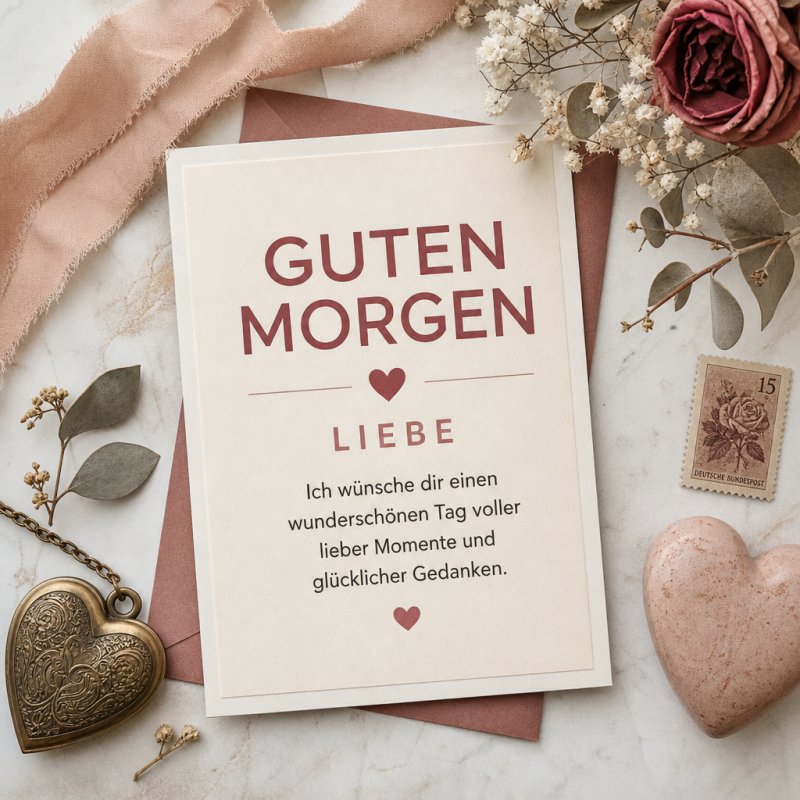 Eine elegante Karte mit dem Aufdruck 'Guten Morgen' liegt auf Marmor neben einem Herzanhänger und getrockneten Blumen, ideal für einen liebevollen Guten-Morgen-Gruß.