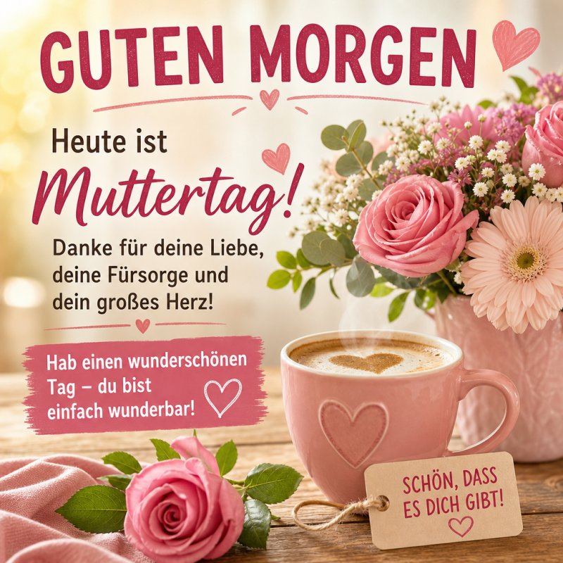Ein herzlicher Guten-Morgen-Gruß zum Muttertag mit rosafarbenen Rosen, einer Tasse Kaffee und dekorativen Herzen auf einem Holztisch.