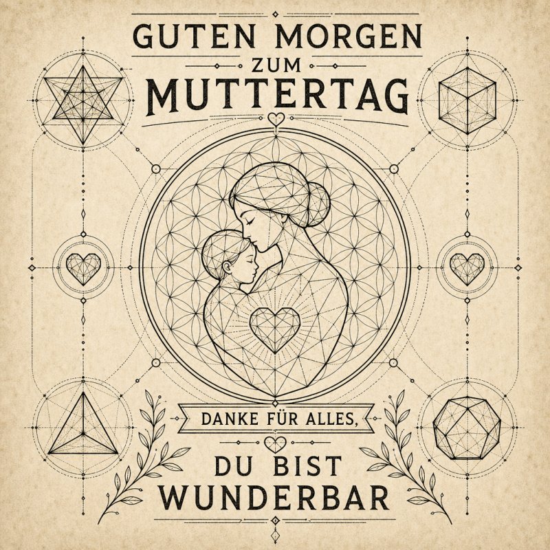 Ein filigranes Mandala zeigt eine Mutter mit Kind im Zentrum, eingerahmt durch geometrische Muster, begleitet von einem freundlichen Guten-Morgen-Gruß.