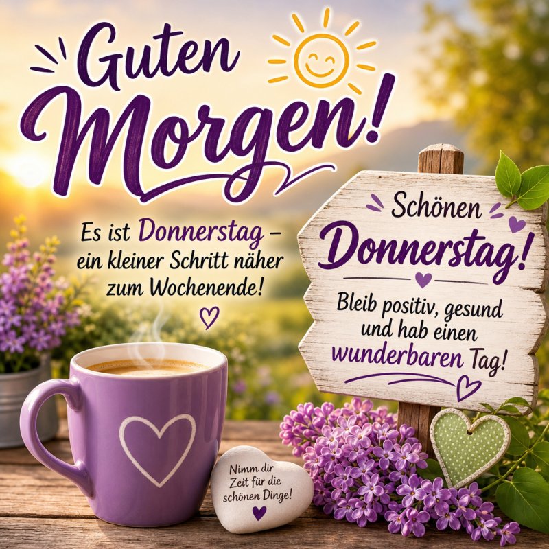 Ein Guten-Morgen-Gruß mit einem lila Becher und Fliederblüten neben einem Holzschild auf einem Tisch, dazu warme Farben und herzliche Botschaften.
