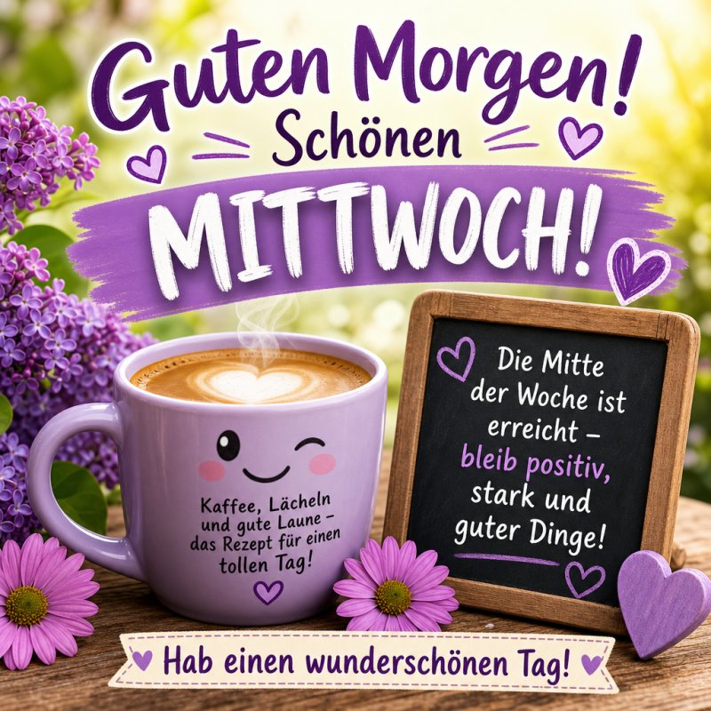 Ein lila Kaffeebecher mit lachendem Gesicht steht neben violetten Blumen, ein Holzschild mit Mittwochsgruß und das Wort ‘Mittwoch’ als Guten-Morgen-Gruß.